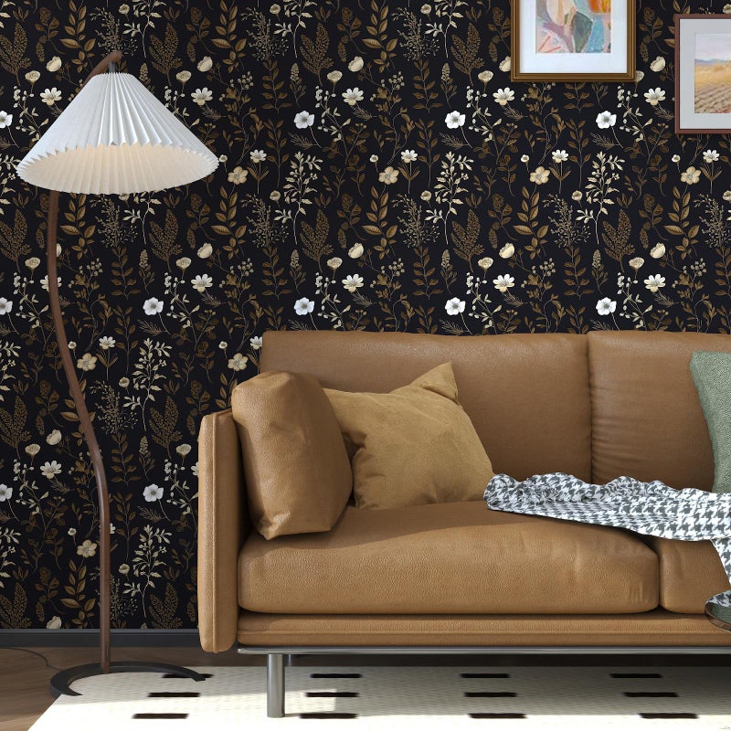 VOLEAAR Vintage Dark Floral Wallpaper, Moody Black Leaf Botanical Removable Contact Paper for Bedroom Bathroom Drawer, Boho Floral Self Adhesive Wall Paper Brown Taupe Flower Wall Decor 17.5" x 118" - Image 5