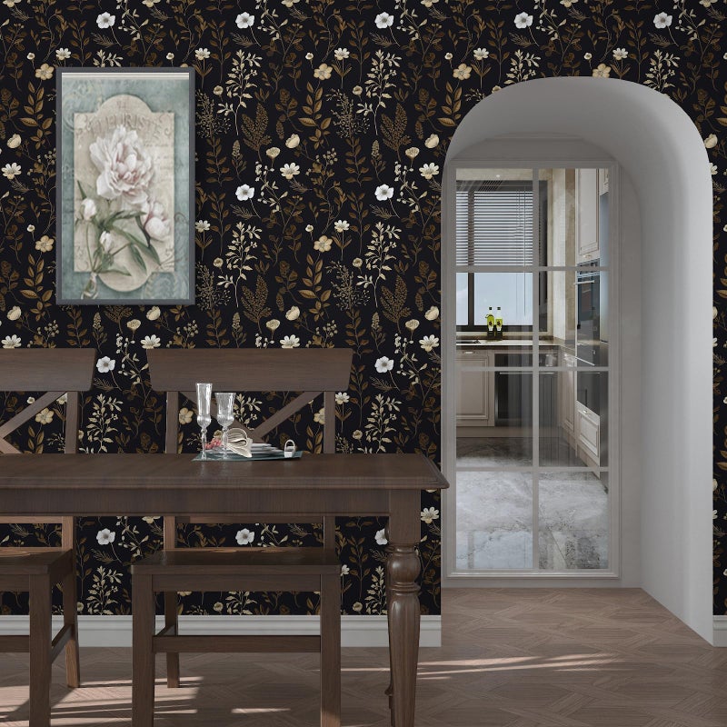 VOLEAAR Vintage Dark Floral Wallpaper, Moody Black Leaf Botanical Removable Contact Paper for Bedroom Bathroom Drawer, Boho Floral Self Adhesive Wall Paper Brown Taupe Flower Wall Decor 17.5" x 118" - Image 4