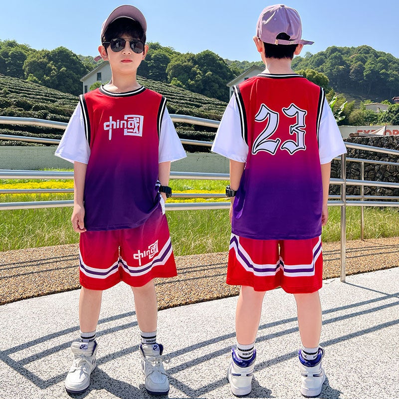 Childrens Clothing Boys Summer Sports Basketball Suit 2023 New Style Mid-Big Boys Western Style Summer Short-Sleeved Fashionable Red 