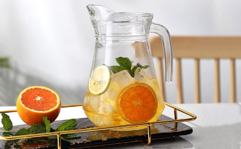YZM YZM Italian Premium 1300ml Glass Water Jug with Plastic Lid & Handle | 1.3L Transparent Beverage Carafe for Home, Office, Etc. | Pitcher for Serve Water, Milk, Juice, Chaas SAT of (2)  - Image 5