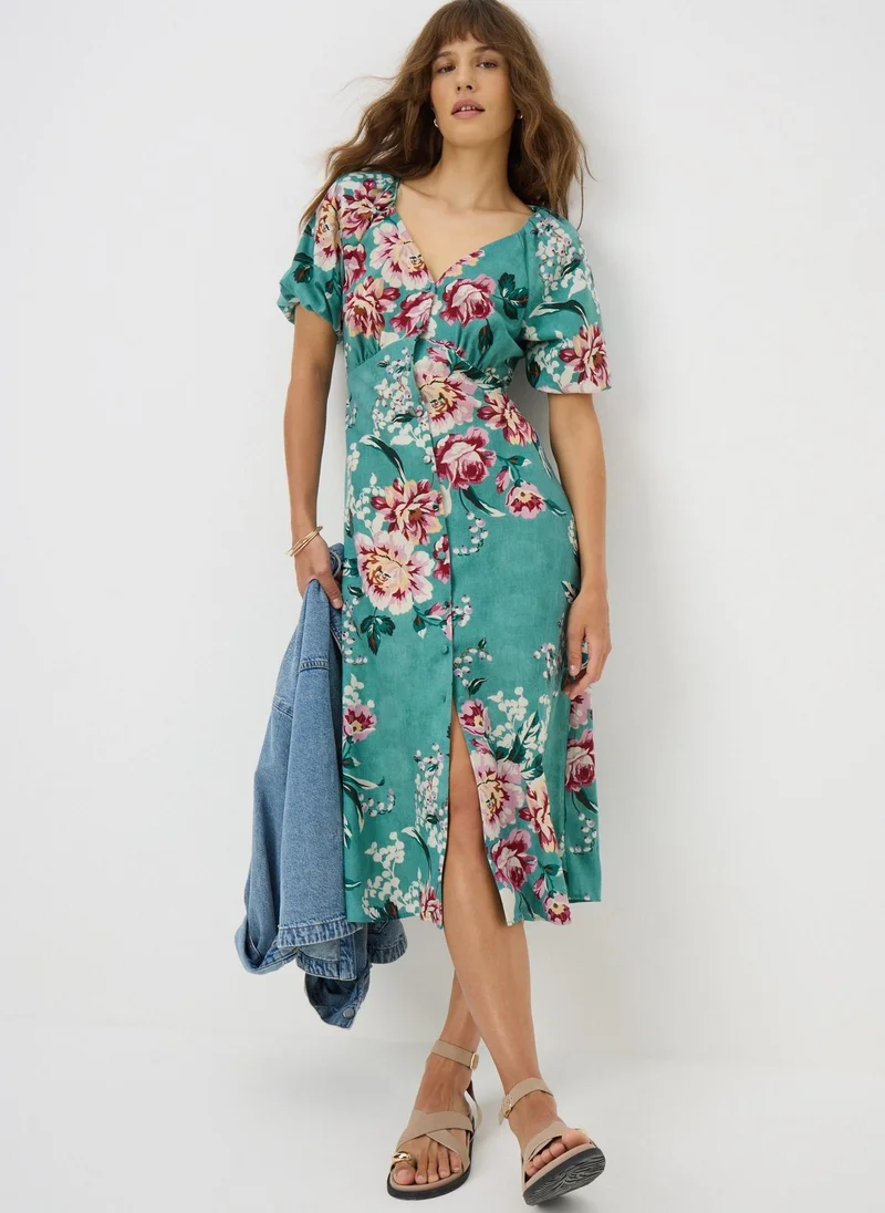 Matalan Green Floral Puff Sleeve Midi Dress