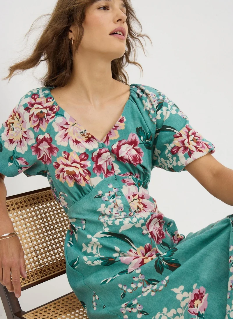 Matalan Green Floral Puff Sleeve Midi Dress
