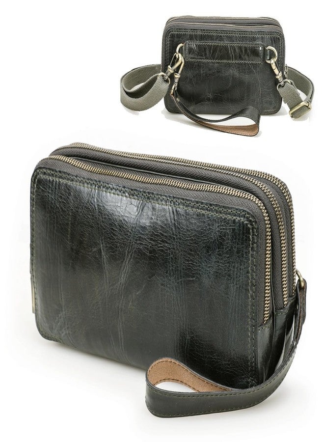 كونتاكتس حقائب يد صغيرة للرجال والنساء من الجلد الطبيعي، حقيبة كروس صغيرة، محفظة، حقيبة كتف للجنسين بثلاثة جيوب بسحاب (أخضر داكن) - Image 1