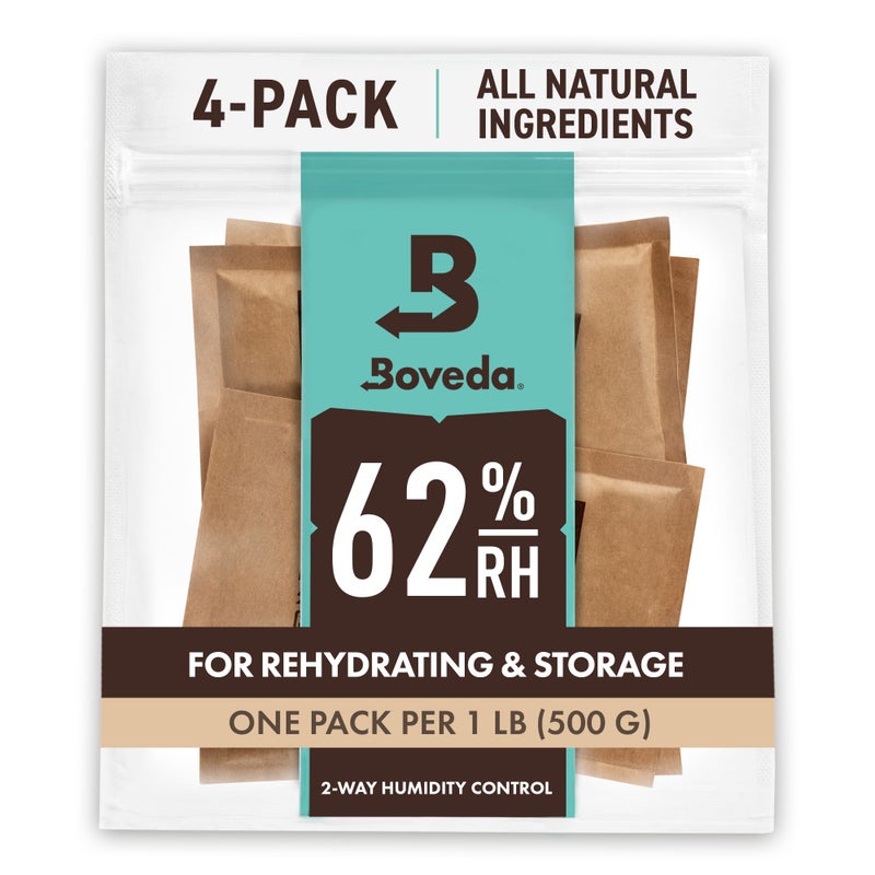 Boveda 62% Two-Way Humidity Control Packs For Storing 1 lb â€“ Size 67 â€“ 4 Pack â€“ Moisture Absorbers for Storage Containers â€“ Humidifier Packs â€“ Hydration Packets in Resealable Bag - Image 1