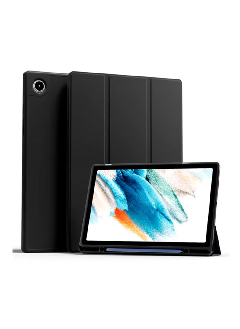 حافظة ذكية متوافقة مع جهاز Samsung Galaxy Tab A7 Lite 8.7 2021 (SM-T220/ T225/T227)، حافظة جلدية قابلة للطي مع ظهر ناعم من مادة TPU وحامل ثلاثي الطي مع وضع السكون التلقائي (اسود)