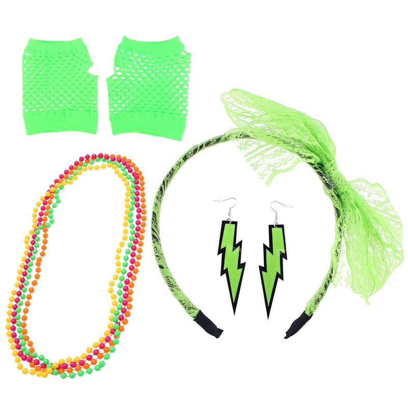 80's Lace Headband Neon Earrings Fingerless Fishnet Gloves Necklace for 80's Party (Light Green Series) - Image 5