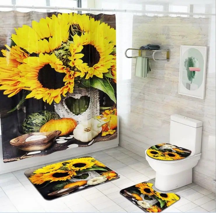 Y&D Sunflower Pattern Bathroom Shower Curtain Set Mats Rugs Set Non-slip Quickly Dry Waterproof Toilet Lid Cover Floor Mat Polyester - Image 1