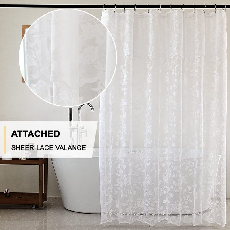 TERLYTEX White Lace Shower Curtain with Attached Valance, Rustic Vine Floral Embroidered Scalloped Lace Sheer Shower Curtain 72 Inch Length for Farmhouse Bathroom, 72 x 72 Inch, 1 Panel, White - Image 2