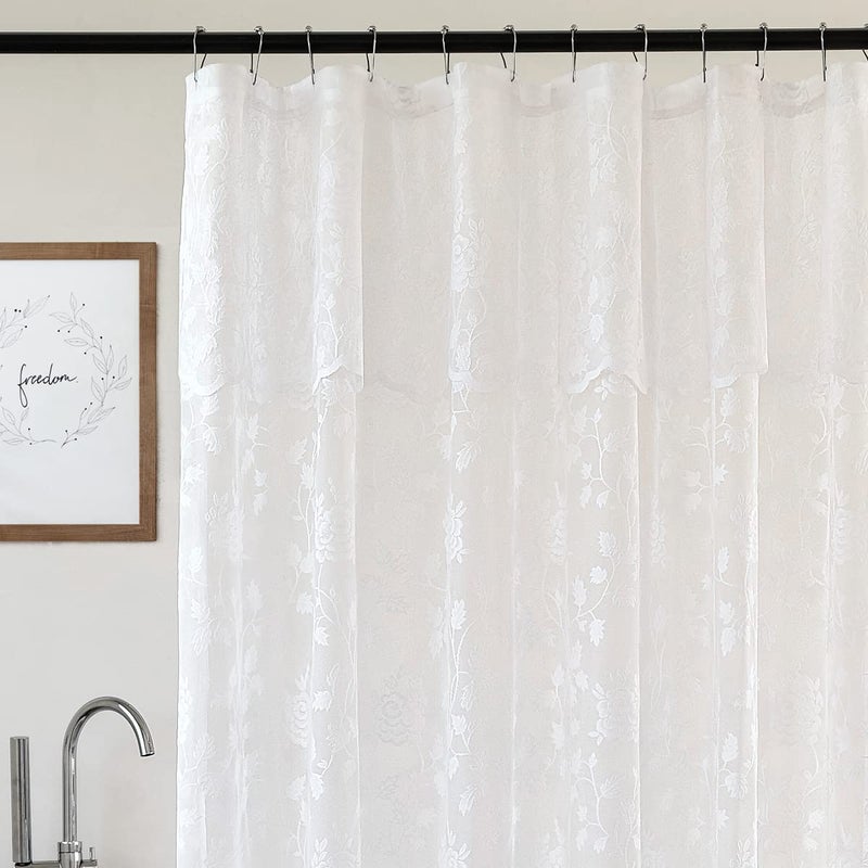 TERLYTEX White Lace Shower Curtain with Attached Valance, Rustic Vine Floral Embroidered Scalloped Lace Sheer Shower Curtain 72 Inch Length for Farmhouse Bathroom, 72 x 72 Inch, 1 Panel, White - Image 1