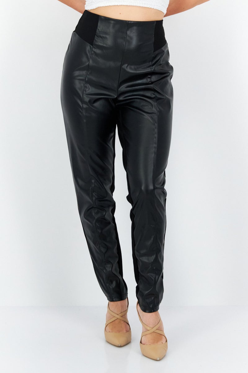 INC Women Skinny Fit Plain Leather Pants, Black - Image 1