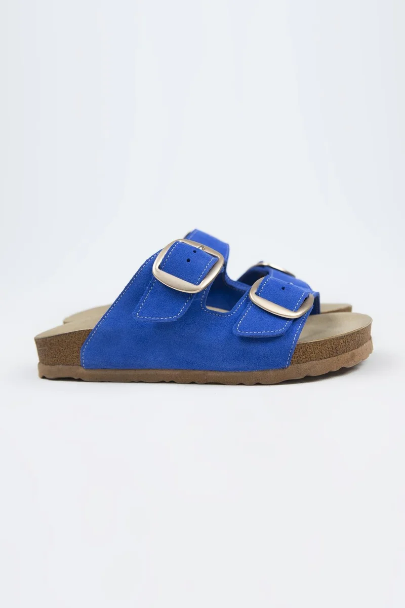 Manijero Manijero Irene Genuine Leather Double Buckle Blue Slippers
