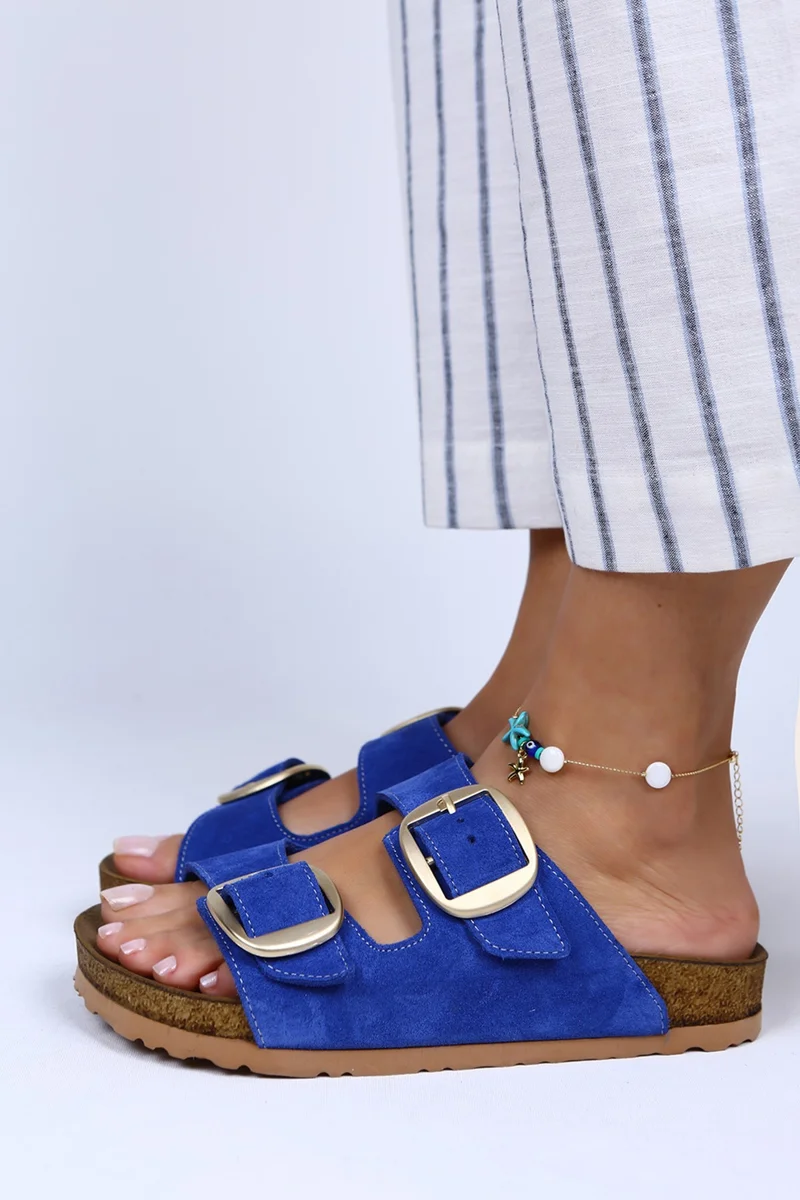 Manijero Manijero Irene Genuine Leather Double Buckle Blue Slippers