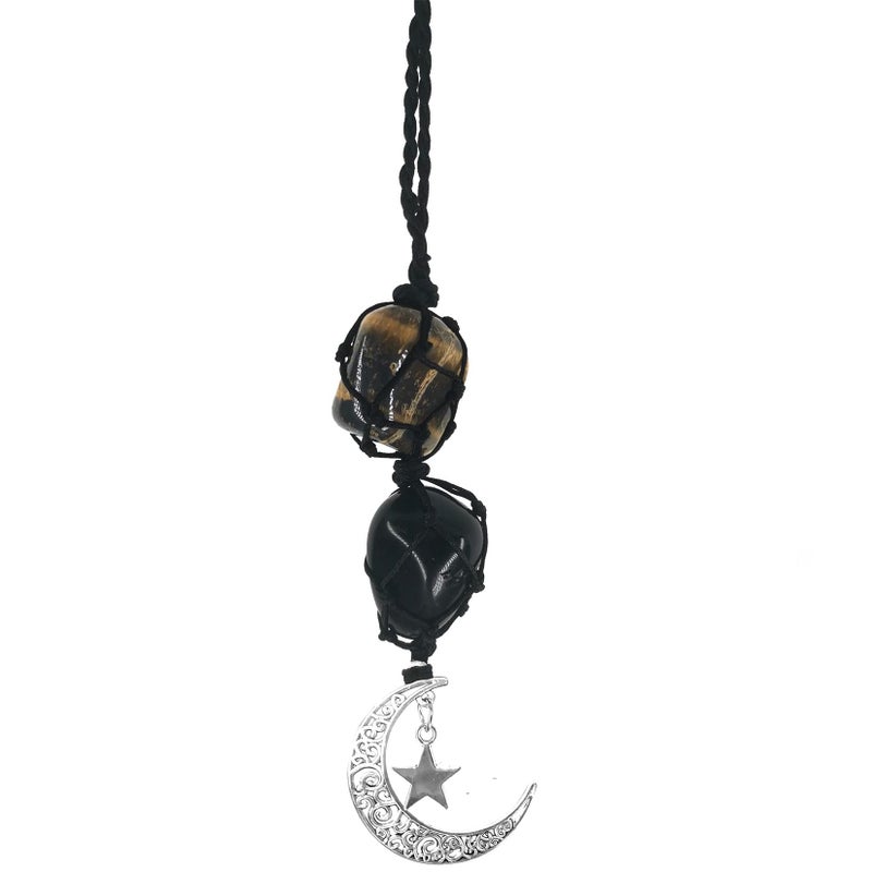 Persofine Crystals Tiger Eye Stone Cute Boho Car Mirror Hanging Accessories for Women and Men,Car Charm for Rear View Mirror Wall Door Ornaments Decor with Moon and Star - Image 1