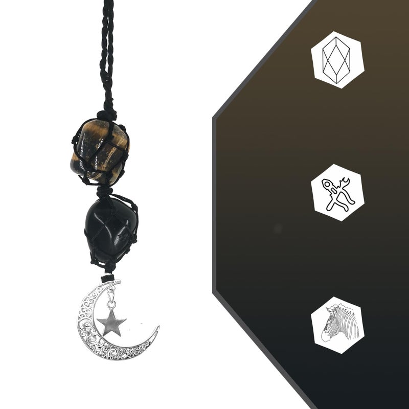 Persofine Crystals Tiger Eye Stone Cute Boho Car Mirror Hanging Accessories for Women and Men,Car Charm for Rear View Mirror Wall Door Ornaments Decor with Moon and Star - Image 3