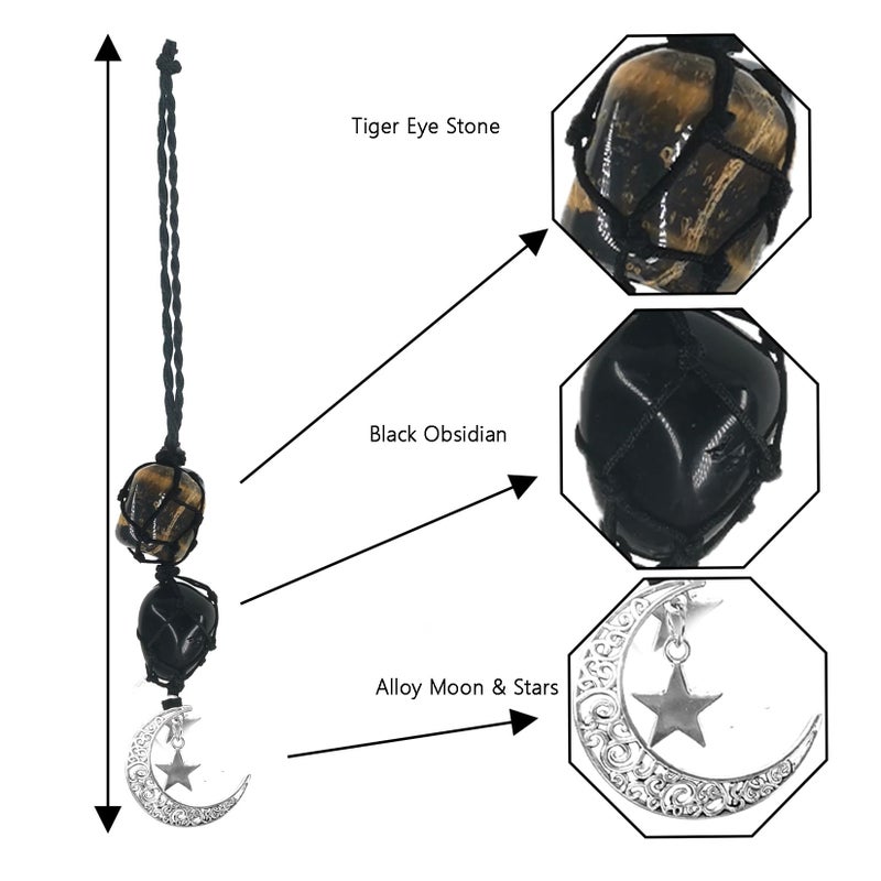 Persofine Crystals Tiger Eye Stone Cute Boho Car Mirror Hanging Accessories for Women and Men,Car Charm for Rear View Mirror Wall Door Ornaments Decor with Moon and Star - Image 2