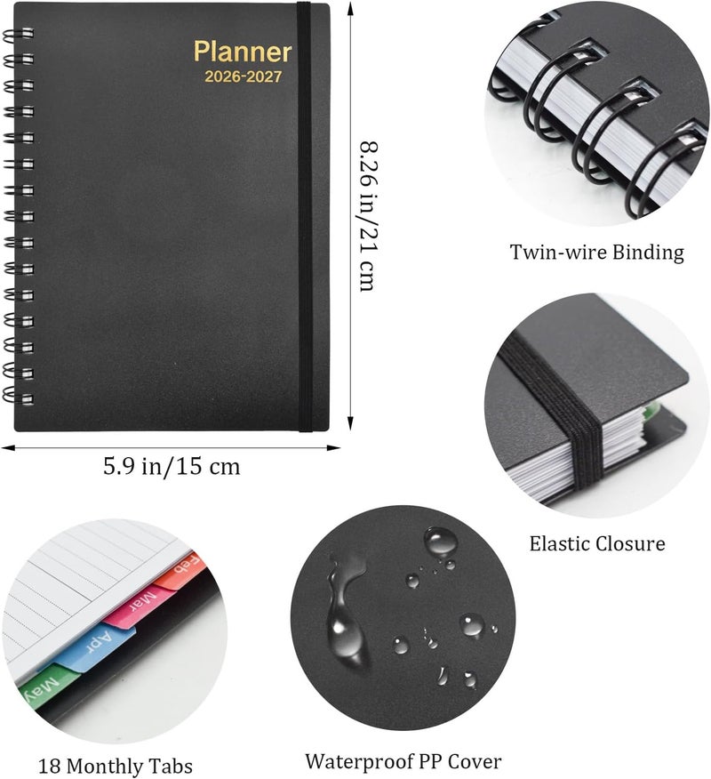 VANRA Daily Planner 2026-2027 (Jan 2026 – Jun 2027) - 18 Month Monthly Planner with Tabs, Agenda Book Yearly Weekly Academic Calendar, Flexible Cover with Spiral Binding, A5 Size (Black) - Image 3