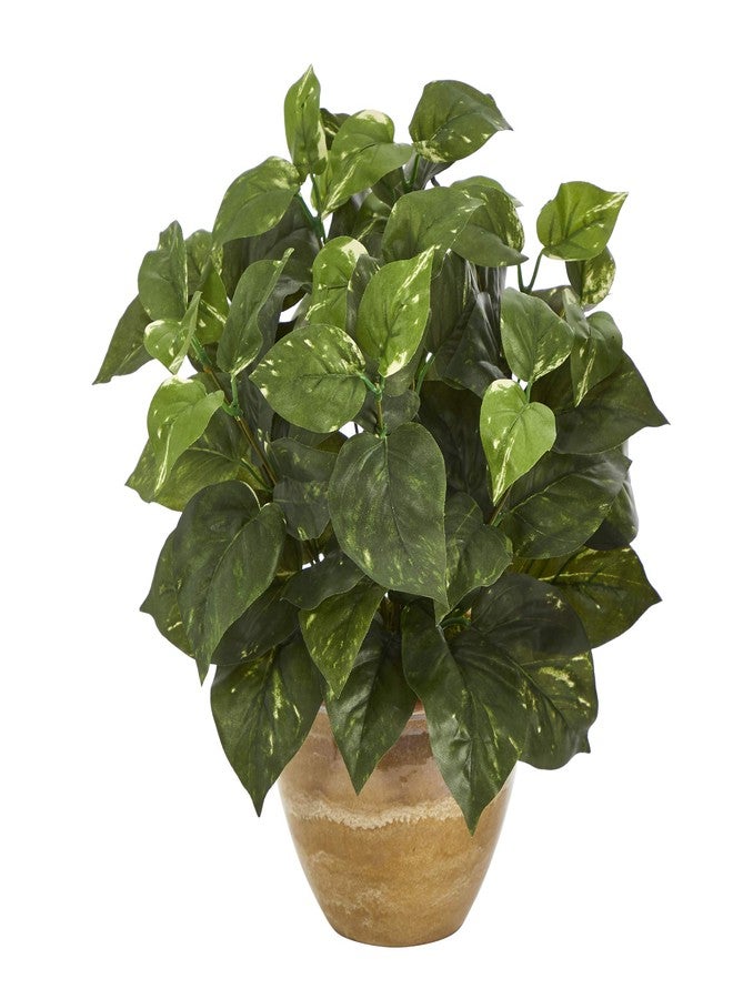 Nearly Natural 14in. Pothos Artificial Plant in Ceramic Planter - Image 1