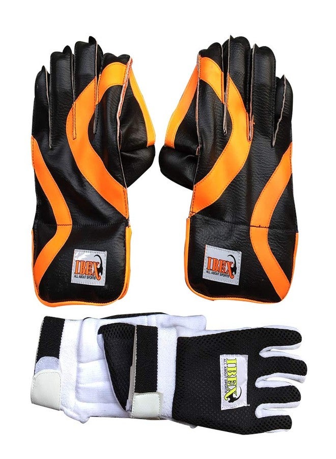 JetFire Leather, Rubber, Polyvinyl Chloride Ibex Practice Wicket Keeping Gloves Combo with Black Inner Gloves Wicket Keeping Gloves (Men, Orange, Black), Cricket - Image 2