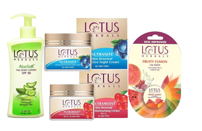 LOTUS HERBALS Lotus Herbals Winter Kit Nutramoist Cream50g Nutranite Cream50g Aloesoft Daily Body Lotion250ml Fruity Fusion Lip Balm5g Set of 4 