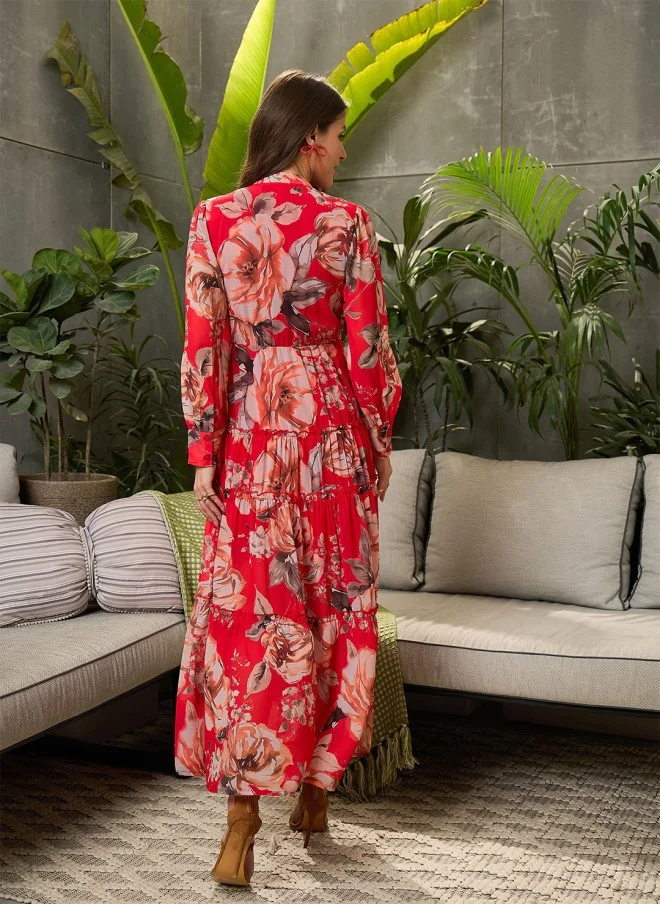 SASSAFRAS Floral Print Georgette Maxi Dress for Women