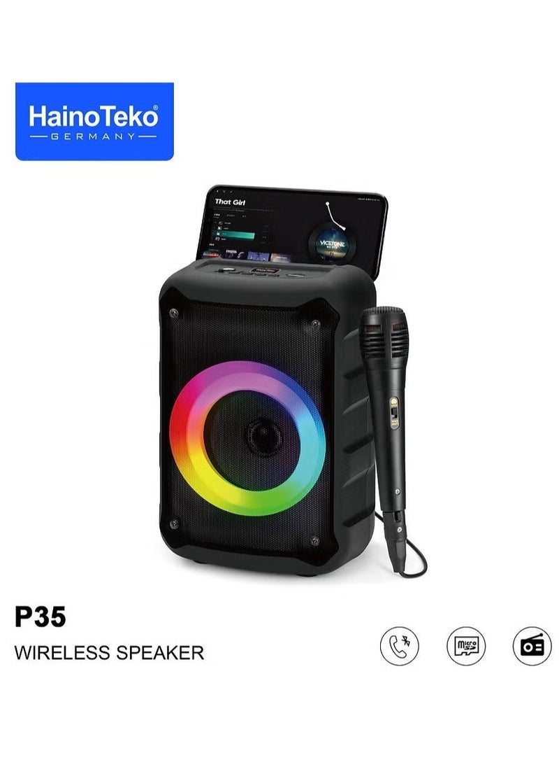 Haino Teko P35 Portable Wireless Speaker with RGB Lights, Built-in Microphone, Crystal Clear Sound Quality, Bluetooth 5.0, Long Battery Life, Compact Design, Black, Perfect for Parties and Outdoor Use - Image 1
