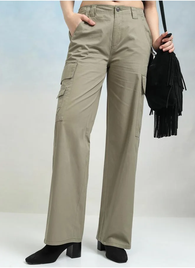 Tokyo Talkies Solid Mid Rise Straight Leg Trousers with Side Pockets