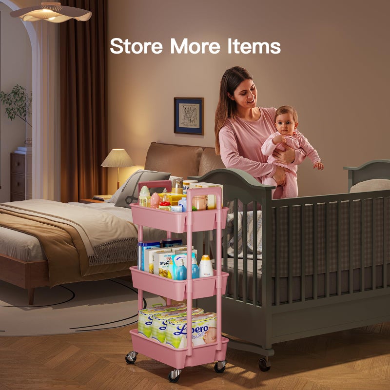 Pipishell 3 Tier Rolling Cart Organizer, Plastic Rolling Cart with Lockable Wheels & Reinforced Handle, Lightweight Utility Storage Cart for Nursery, Kitchen, Craft Room, Pink - Image 3