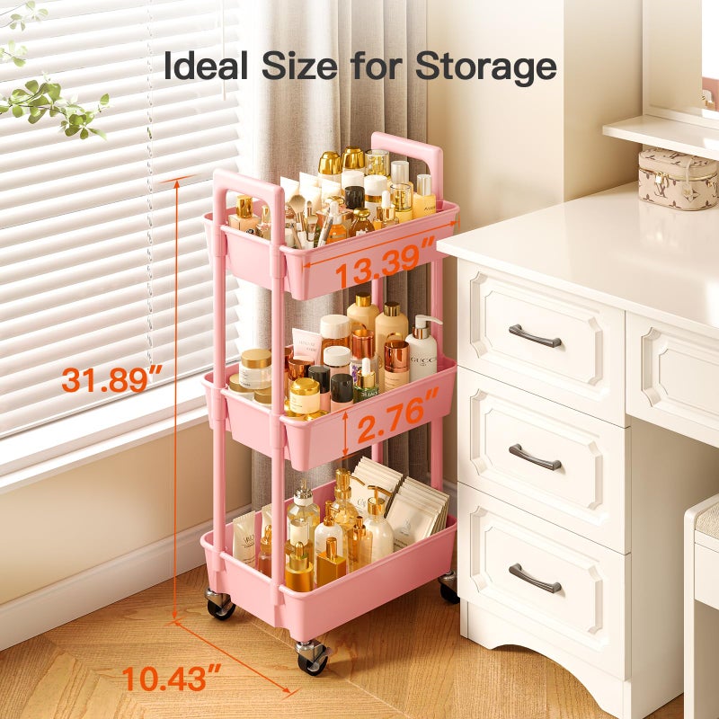 Pipishell 3 Tier Rolling Cart Organizer, Plastic Rolling Cart with Lockable Wheels & Reinforced Handle, Lightweight Utility Storage Cart for Nursery, Kitchen, Craft Room, Pink - Image 4