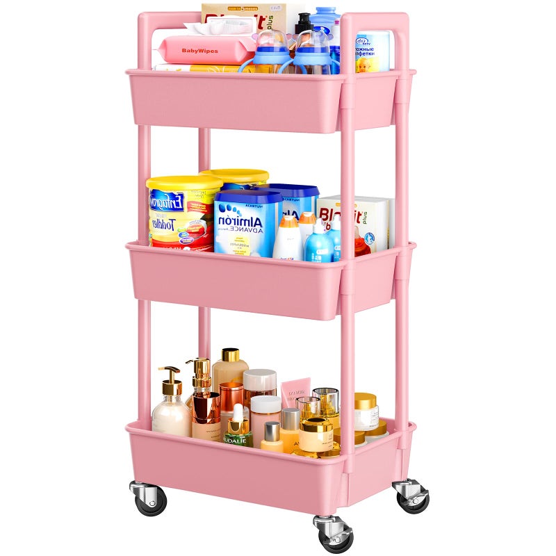 Pipishell 3 Tier Rolling Cart Organizer, Plastic Rolling Cart with Lockable Wheels & Reinforced Handle, Lightweight Utility Storage Cart for Nursery, Kitchen, Craft Room, Pink - Image 1