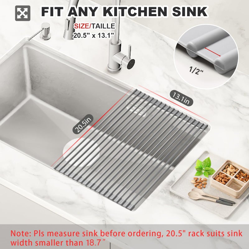 MERRYBOX Roll Up Dish Drying Rack, Over The Sink Dish Rack Foldable, Heat-Resistant, Anti-Slip Silicone Coated Dish Drainer for Kitchen Counter, Large & Multipurpose Sink Drying Rack, 20.5" x 13.1" - Image 2
