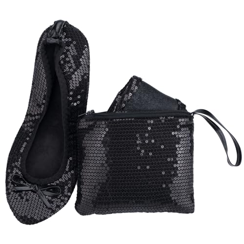 Rolly Flats Women's Foldable Ballet Flats – Portable Flat Shoes for Travel and Wedding that Fit in Your Purse (XXL, Black Sequin) - Image 1