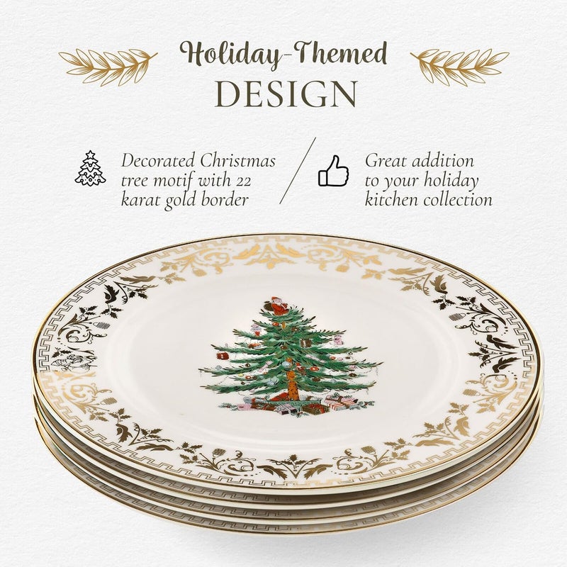 Spode Spode Christmas Tree Gold Salad Plate Set of 4  8Inch Porcelain Dinner  Appetizer Plate Christmas Dinnerware Microwave  Dishwasher Safe Festive Collectible Seasonal Dining Plate  - Image 3