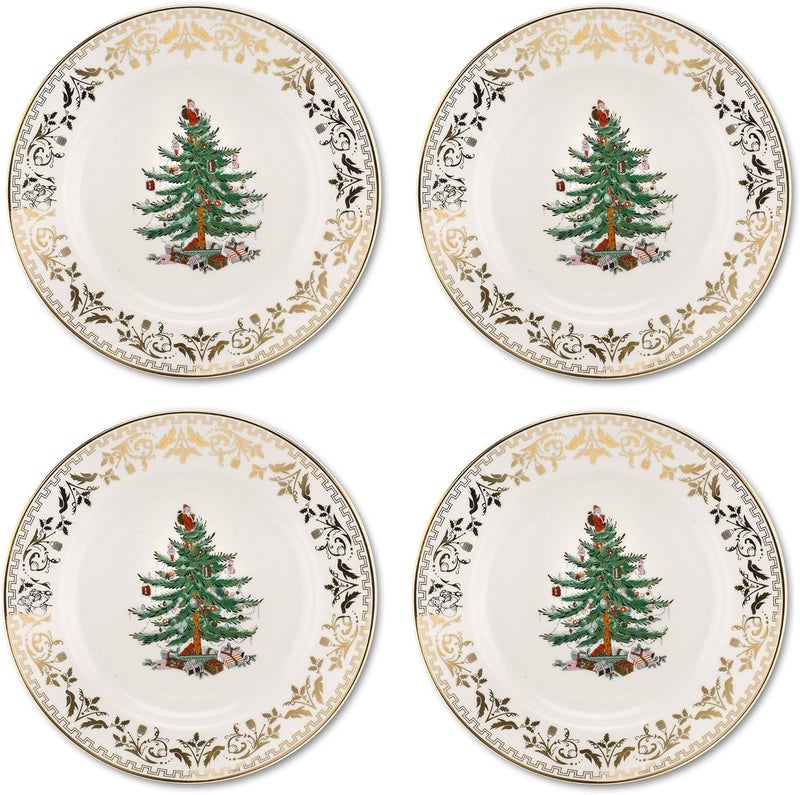 Spode Spode Christmas Tree Gold Salad Plate Set of 4  8Inch Porcelain Dinner  Appetizer Plate Christmas Dinnerware Microwave  Dishwasher Safe Festive Collectible Seasonal Dining Plate  - Image 1