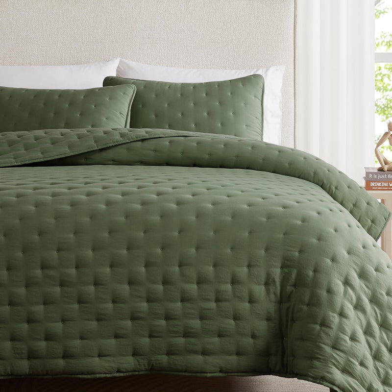 WDCOZY Olive Green Cloud Twin Size Quilt Set, Tan Lightweight Farmhouse Bedspread, Rustic Country Coverlet, Taupe Camel Soft Bedding, Thin Comforter for All Season - 2 Pieces, 68x90 inches - Image 1