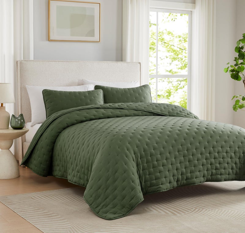 WDCOZY Olive Green Cloud Twin Size Quilt Set, Tan Lightweight Farmhouse Bedspread, Rustic Country Coverlet, Taupe Camel Soft Bedding, Thin Comforter for All Season - 2 Pieces, 68x90 inches - Image 3