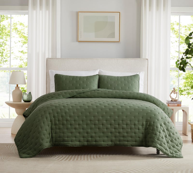 WDCOZY Olive Green Cloud Twin Size Quilt Set, Tan Lightweight Farmhouse Bedspread, Rustic Country Coverlet, Taupe Camel Soft Bedding, Thin Comforter for All Season - 2 Pieces, 68x90 inches - Image 2