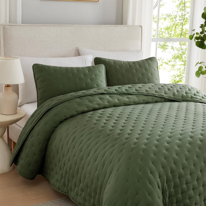 WDCOZY Olive Green Cloud Twin Size Quilt Set, Tan Lightweight Farmhouse Bedspread, Rustic Country Coverlet, Taupe Camel Soft Bedding, Thin Comforter for All Season - 2 Pieces, 68x90 inches - Image 4