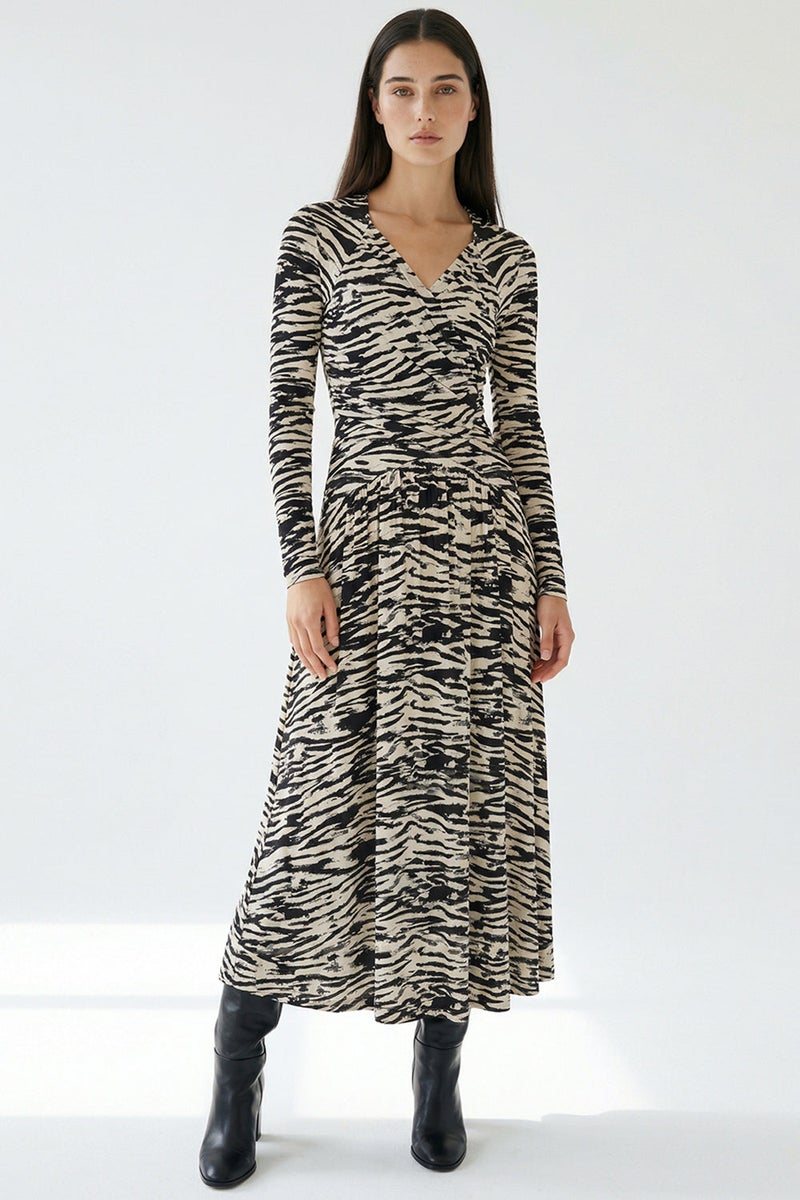 EXQUISE Long-sleeved wrap-around zebra-patterned knitted regular dress - Image 1