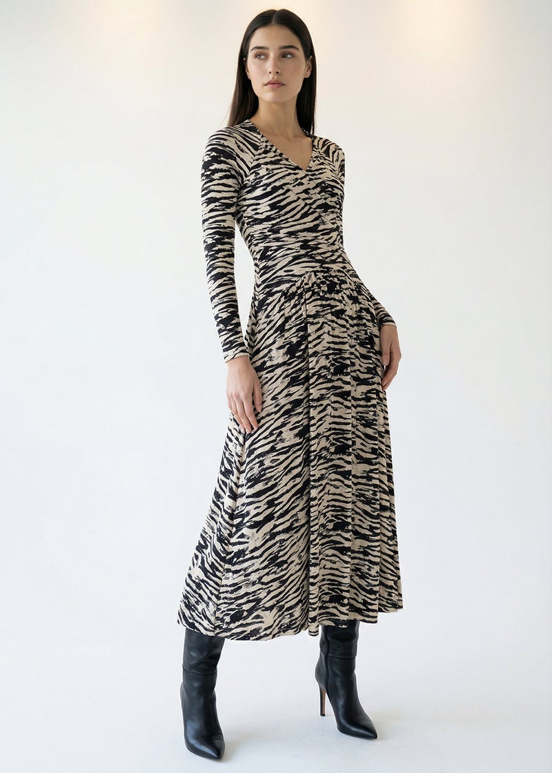 EXQUISE Long-sleeved wrap-around zebra-patterned knitted regular dress - Image 5