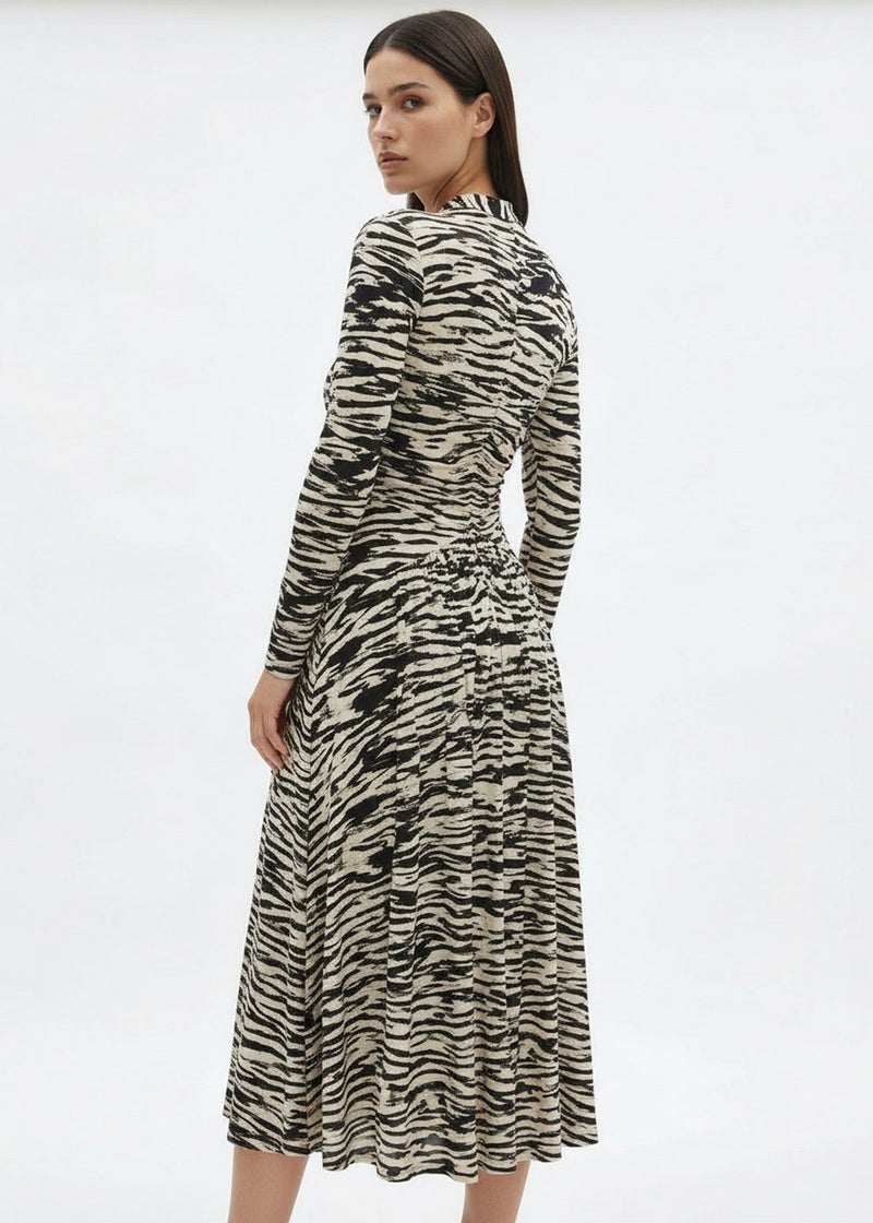 EXQUISE Long-sleeved wrap-around zebra-patterned knitted regular dress - Image 4