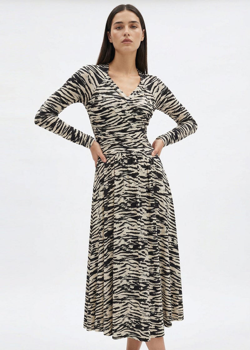 EXQUISE Long-sleeved wrap-around zebra-patterned knitted regular dress - Image 3