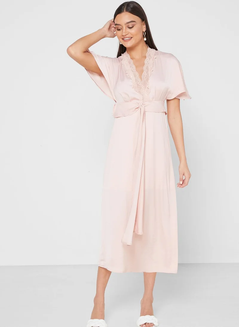ELLA Lace Trim Tie Front Midi Dress