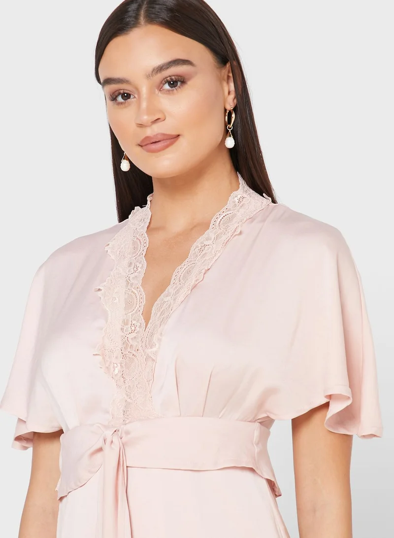 ELLA Lace Trim Tie Front Midi Dress