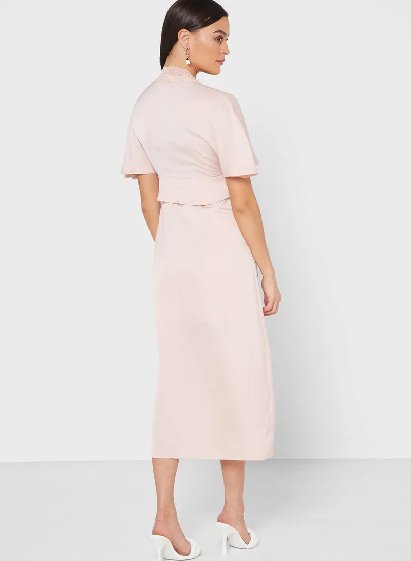 ELLA Lace Trim Tie Front Midi Dress