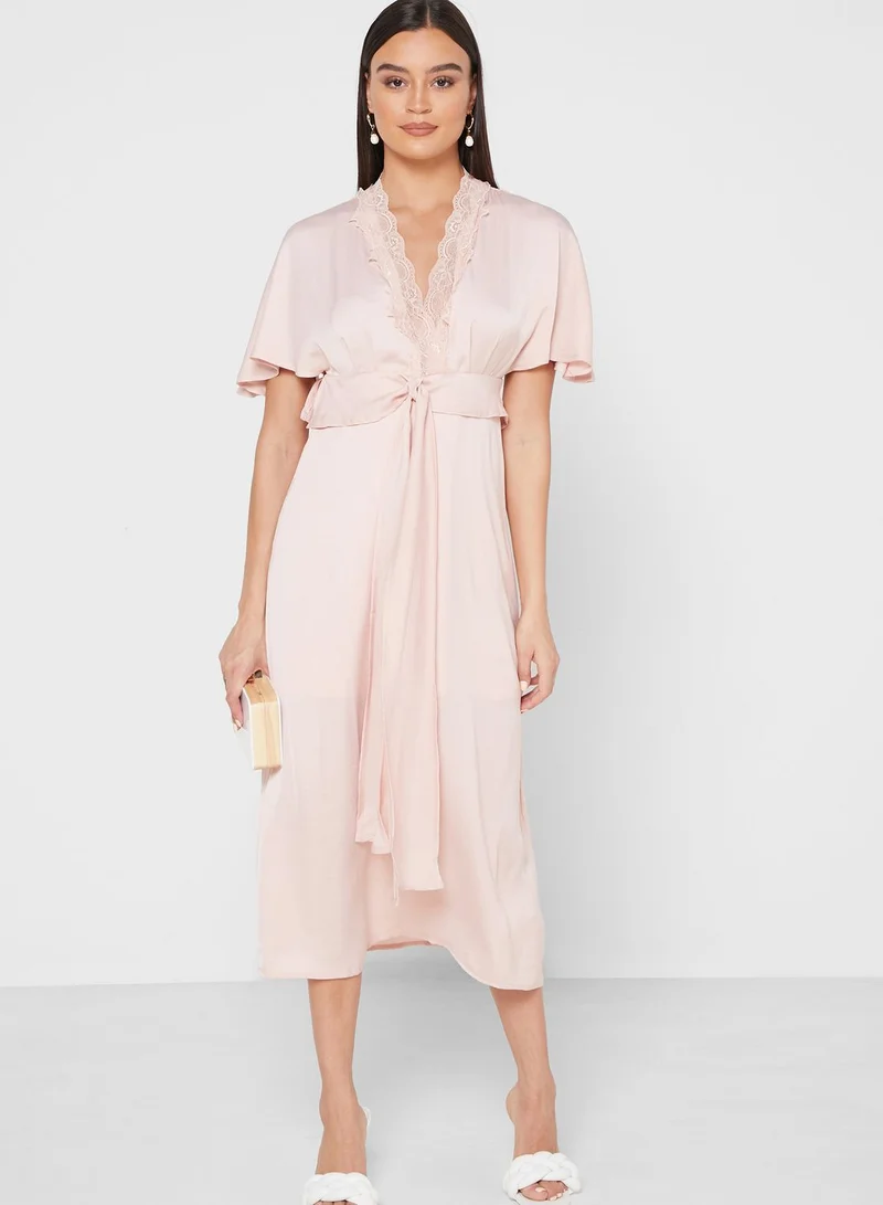 ELLA Lace Trim Tie Front Midi Dress