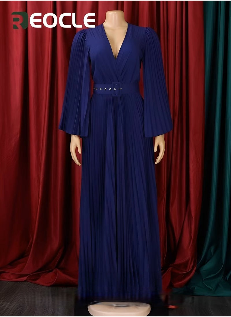 REOCLE Women's Maxi Elegant V Neck Cocktail Dress Wedding Evening Pleated A Line Rocker Swing Dress with Belt - Image 3