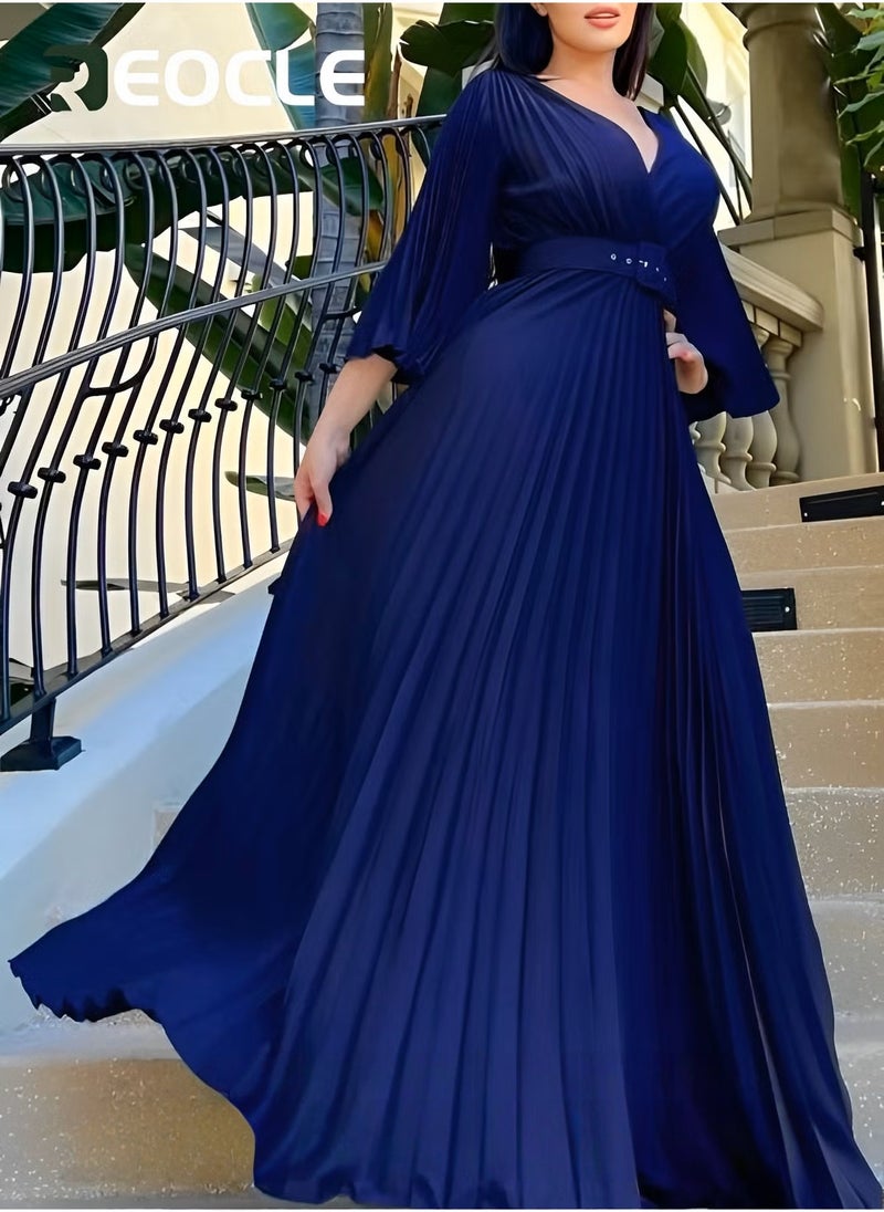 REOCLE Women's Maxi Elegant V Neck Cocktail Dress Wedding Evening Pleated A Line Rocker Swing Dress with Belt - Image 2