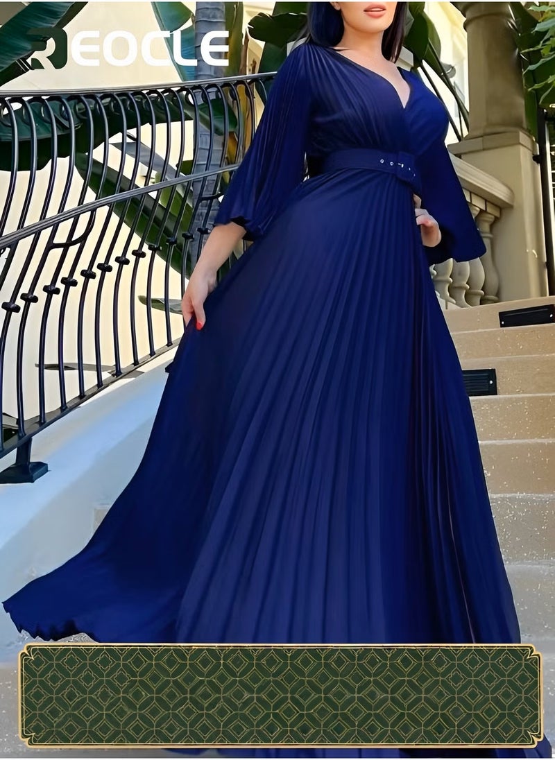 REOCLE Women's Maxi Elegant V Neck Cocktail Dress Wedding Evening Pleated A Line Rocker Swing Dress with Belt - Image 1