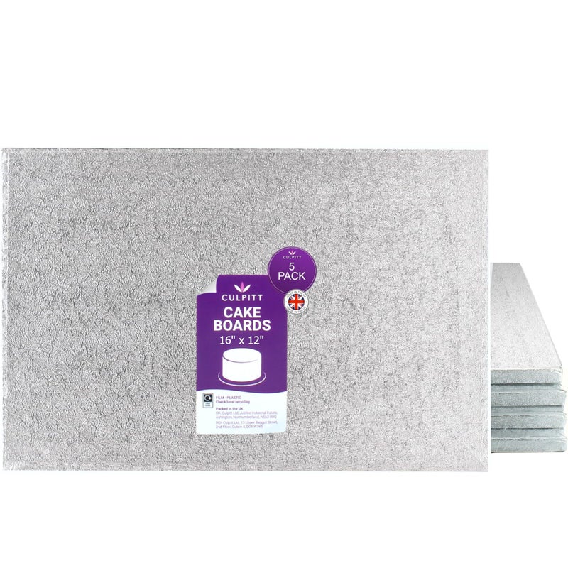 Culpitt 16 x 12 Cake Board Oblong Cake Drum Rectangular 05 Inch 13mm Thick Pack of 5 Boards For Tray Bakes Cakes And Cupcake Displays  Silver