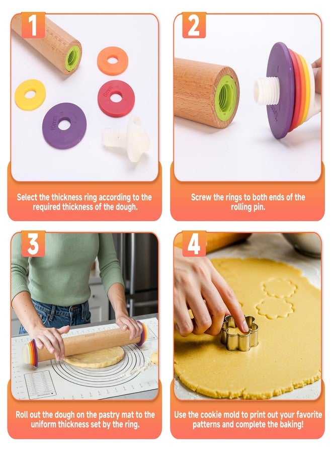 Olforce Adjustable Rolling Pin with Thickness Rings for Baking, 13.6" with 4 Multicolored Thickness Ring, Wood Dough Roller for Baking Fondant, Pizza, Cookie, Bread, Pie Crusts - Image 4